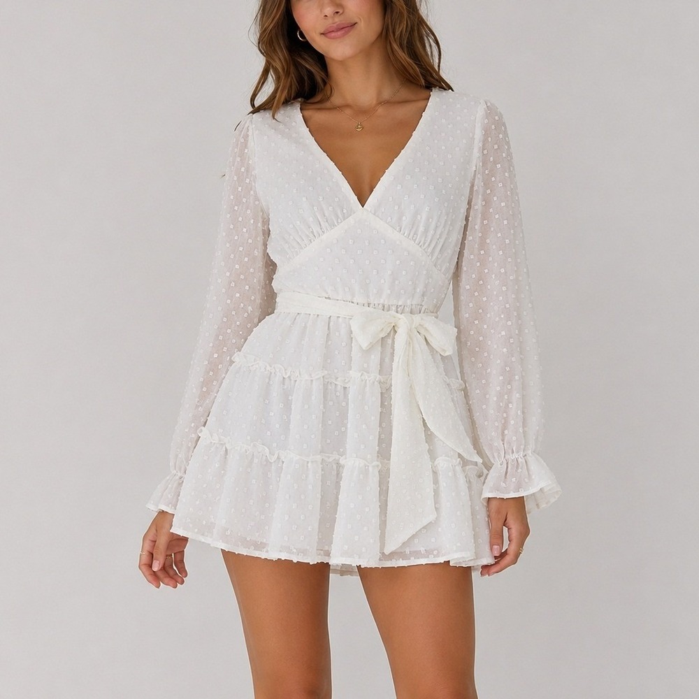 Altar'd State Swiss Dot Dress S White Tiered Ruffle Long Sleeve Mini Cottagecore